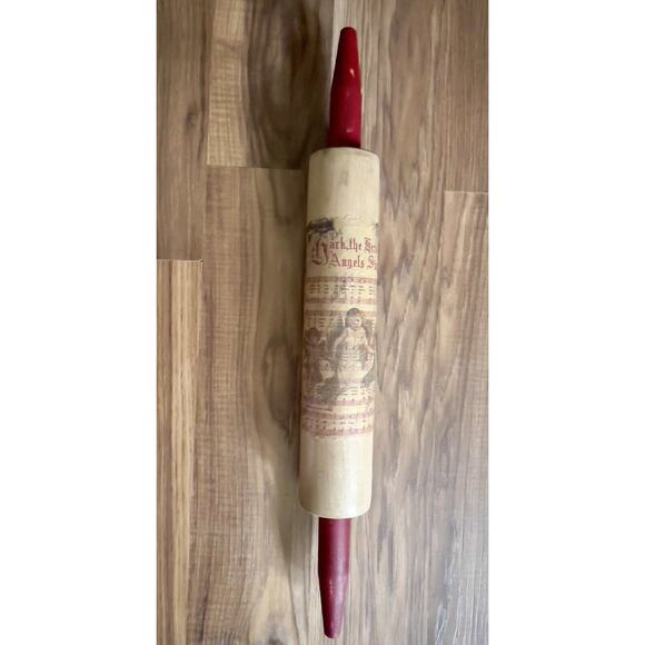 VTG Look Wood Rolling Pin Christmas Decor Red Handles Hark the Herald Farmhouse - Picture 1 of 9